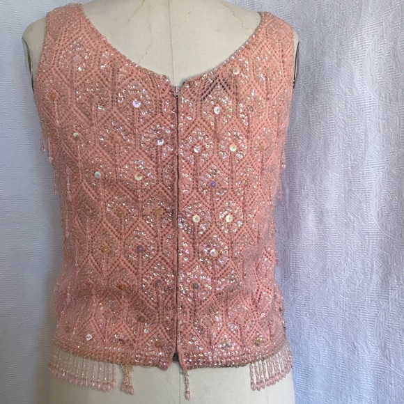 Vintage 50’s/60’s pink beaded shell top S/M - Picture 2 of 11